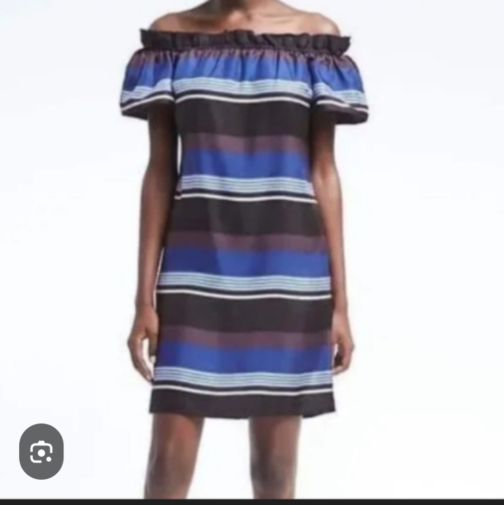 NWT Banana Republic Off Shoulder Black Blue Stripe Dress Small‎ Petite
